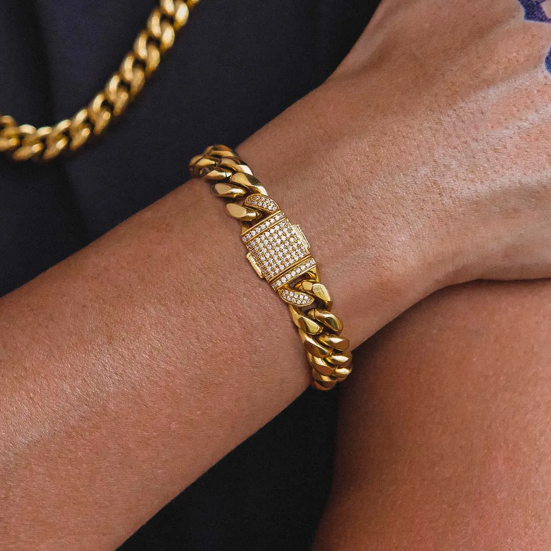 THE GOLDEN NUGGET® - 12mm Iced Out Mens Miami Cuban Link Bracelet in 18K Gold