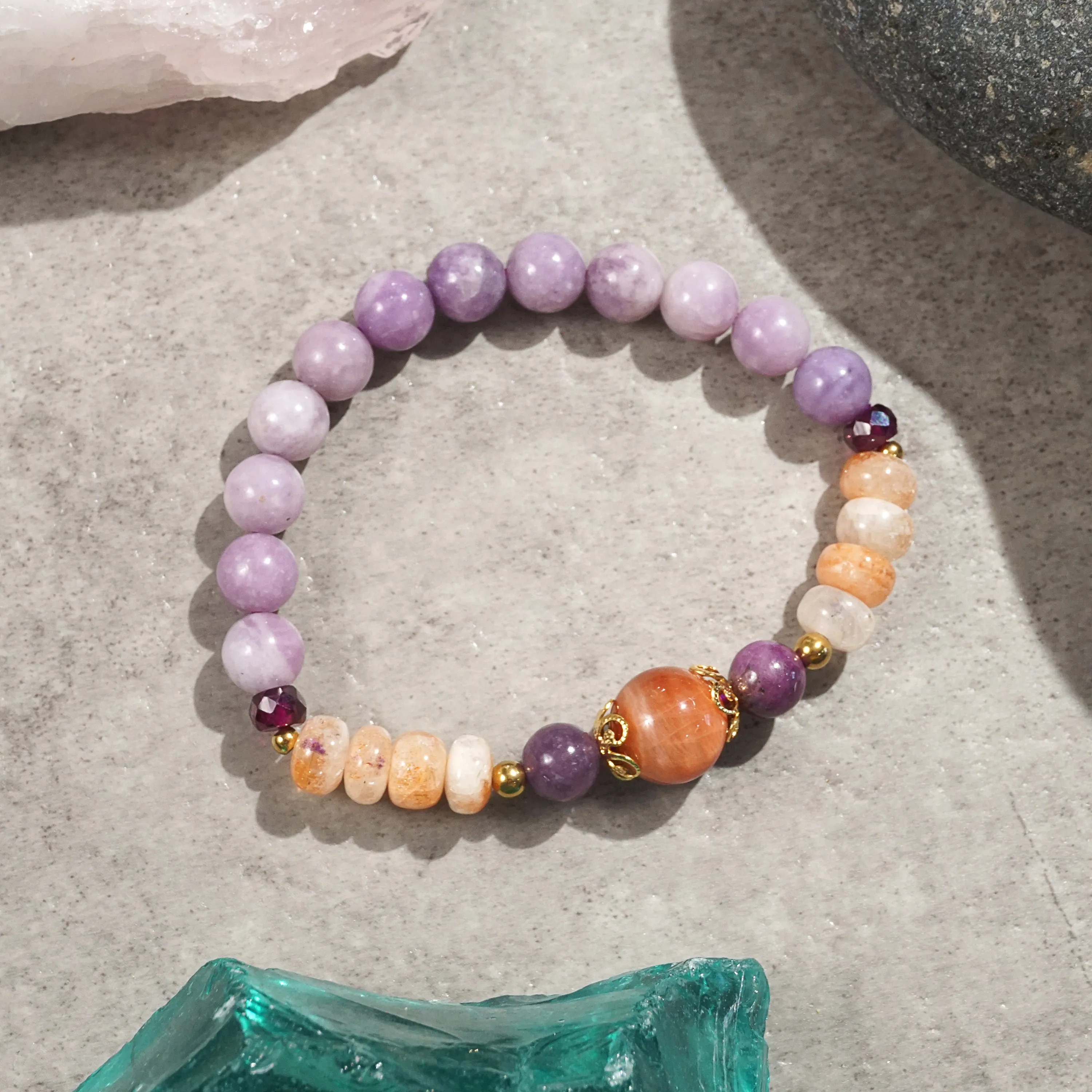 Tiger Eye, Sunstone, Lepidolite, and Garnet