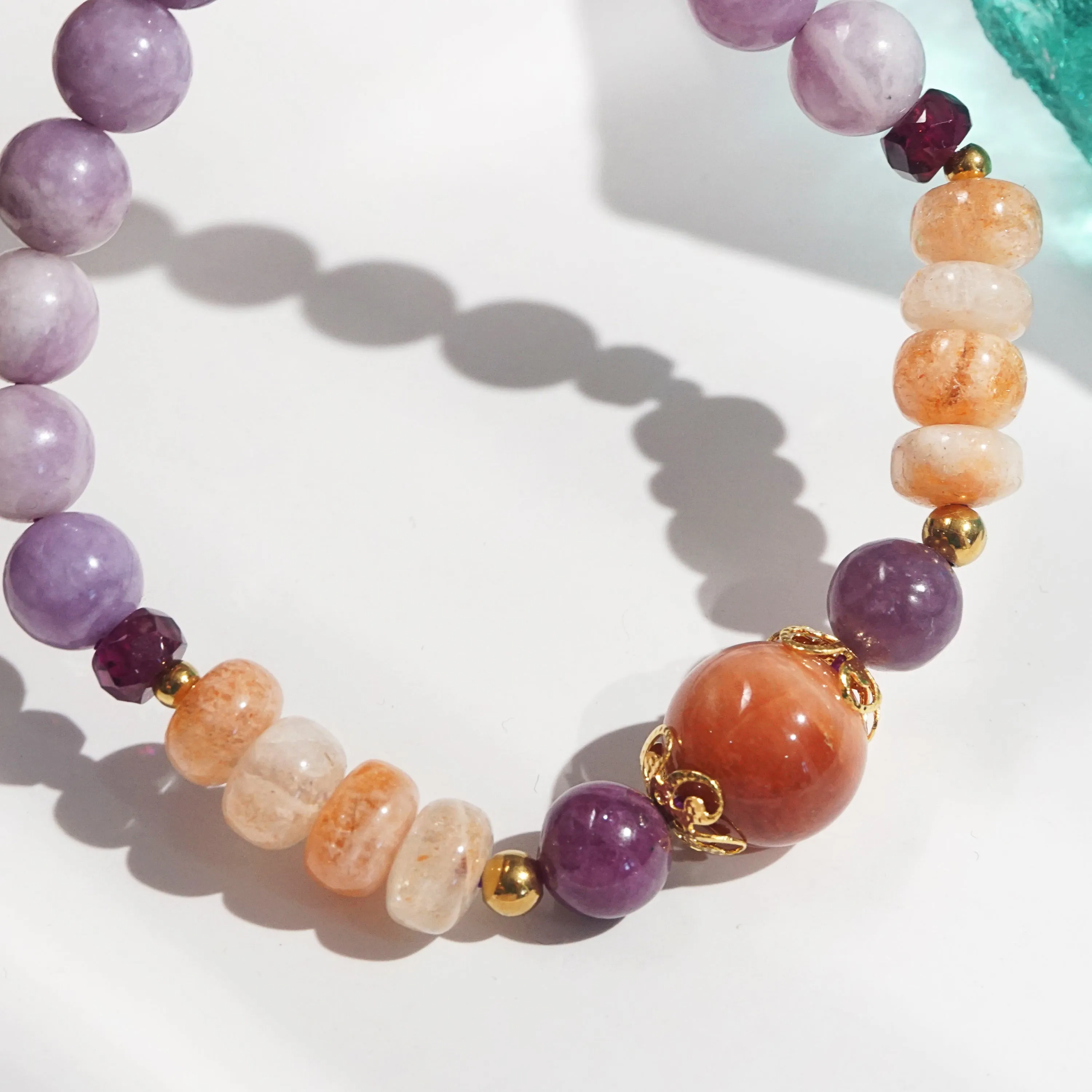 Tiger Eye, Sunstone, Lepidolite, and Garnet