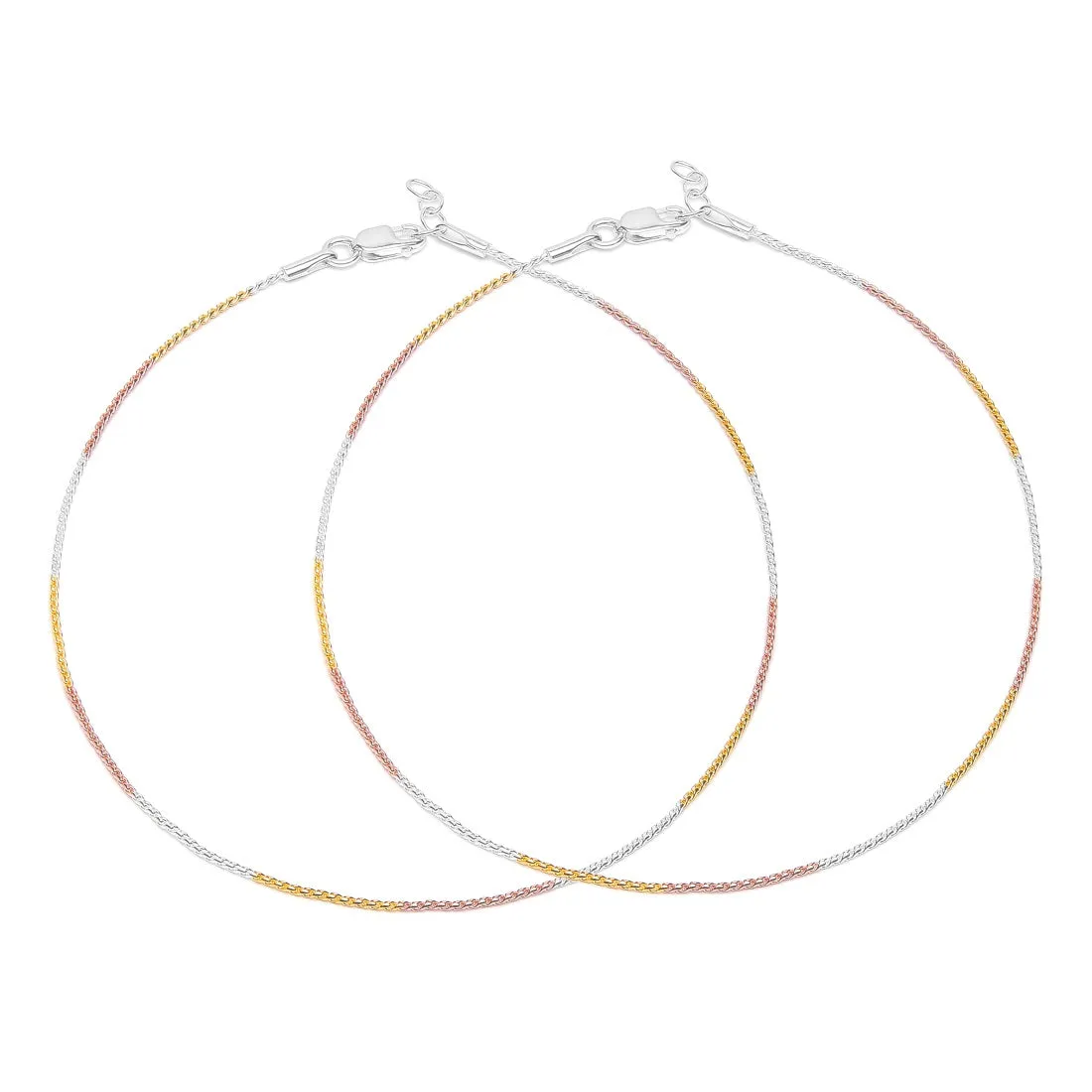 Triple Tone Classic 925 Sterling Silver Rope Chain Anklet