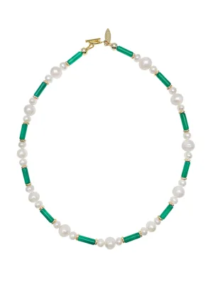 Tube Shaped Green Jade With Freshwater Pearls Necklace HN009