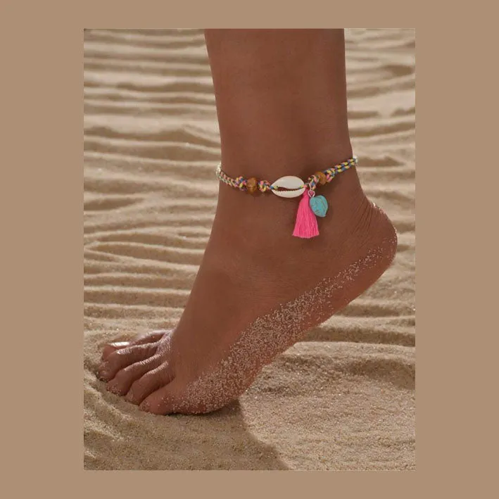 Turquoise & Tassel Charm Shell Decor Anklet
