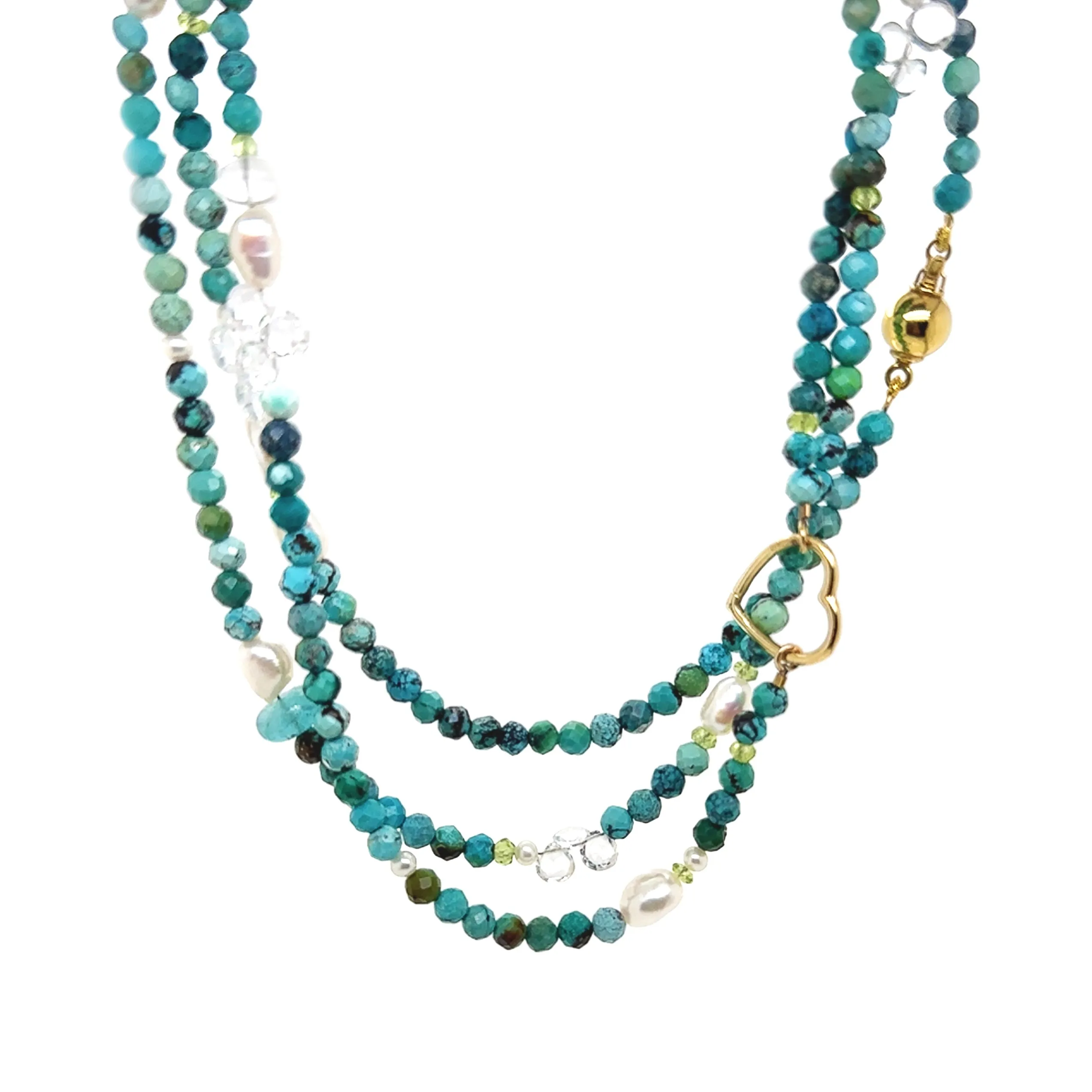 Turquoise, Freshwater Keshi &amp; Round Pearls, Tourmaline, Peridot, and White Topaz Necklace