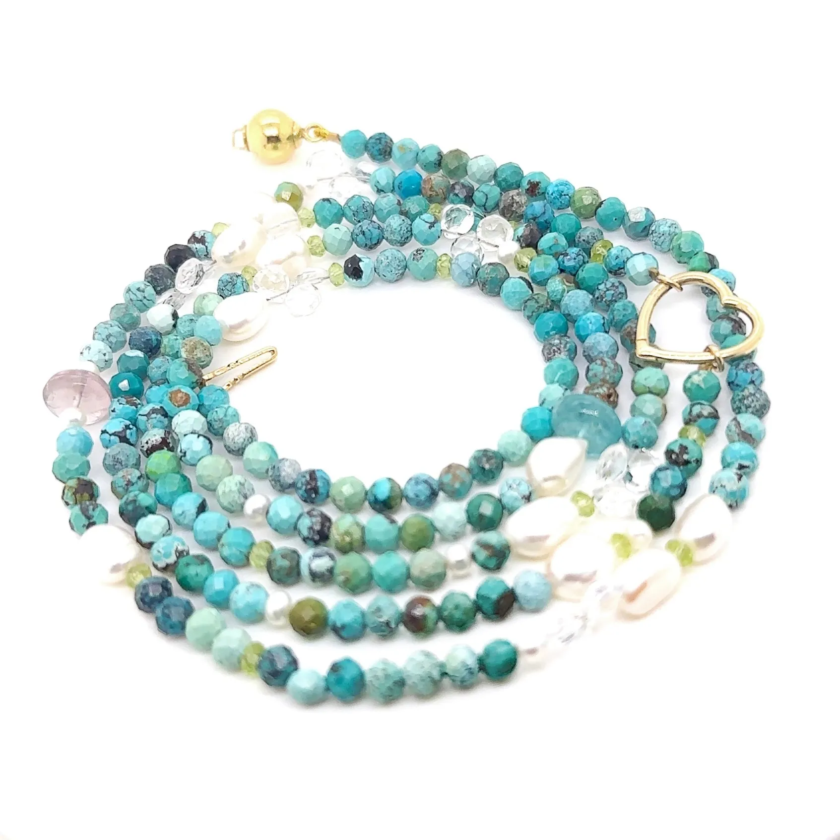 Turquoise, Freshwater Keshi &amp; Round Pearls, Tourmaline, Peridot, and White Topaz Necklace