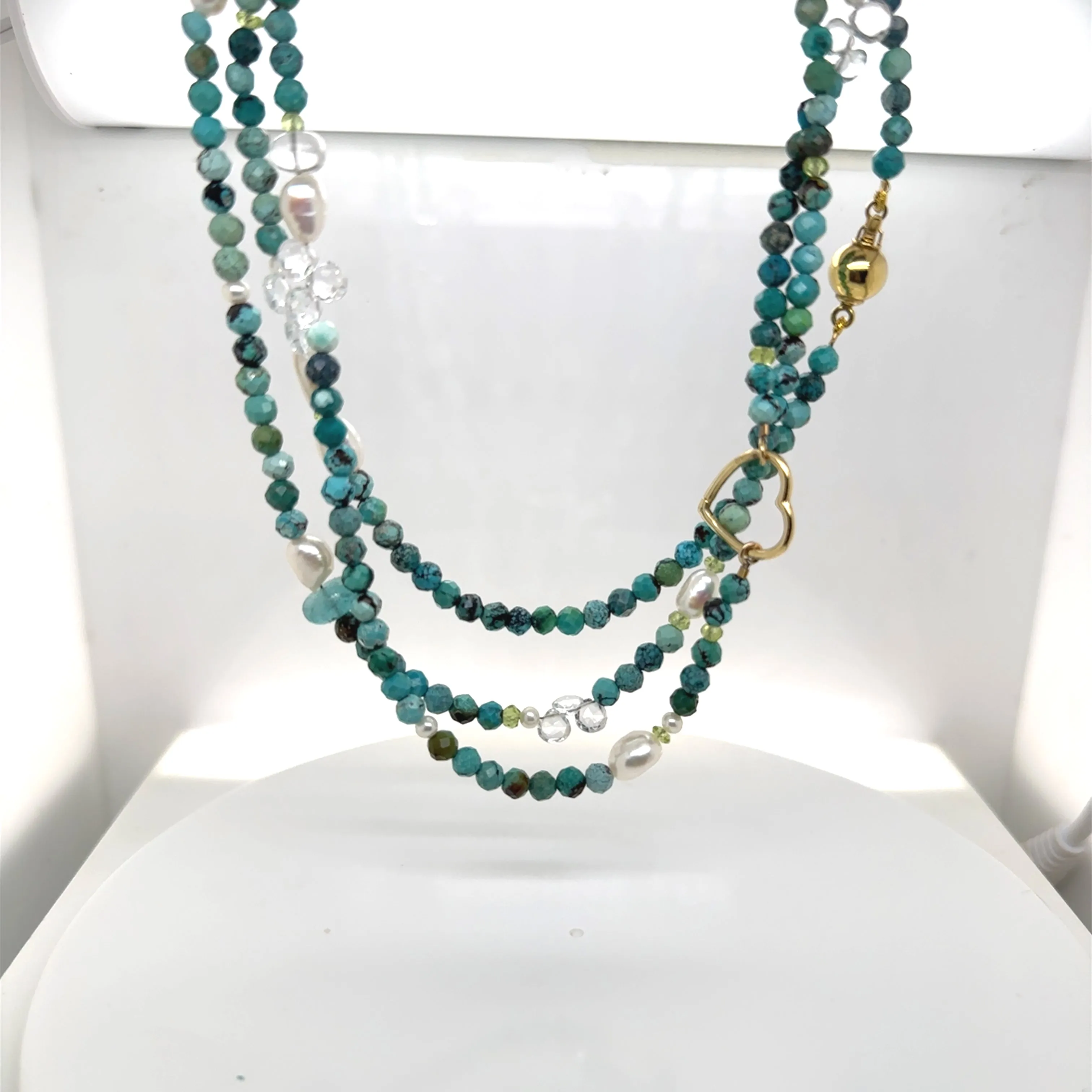Turquoise, Freshwater Keshi &amp; Round Pearls, Tourmaline, Peridot, and White Topaz Necklace