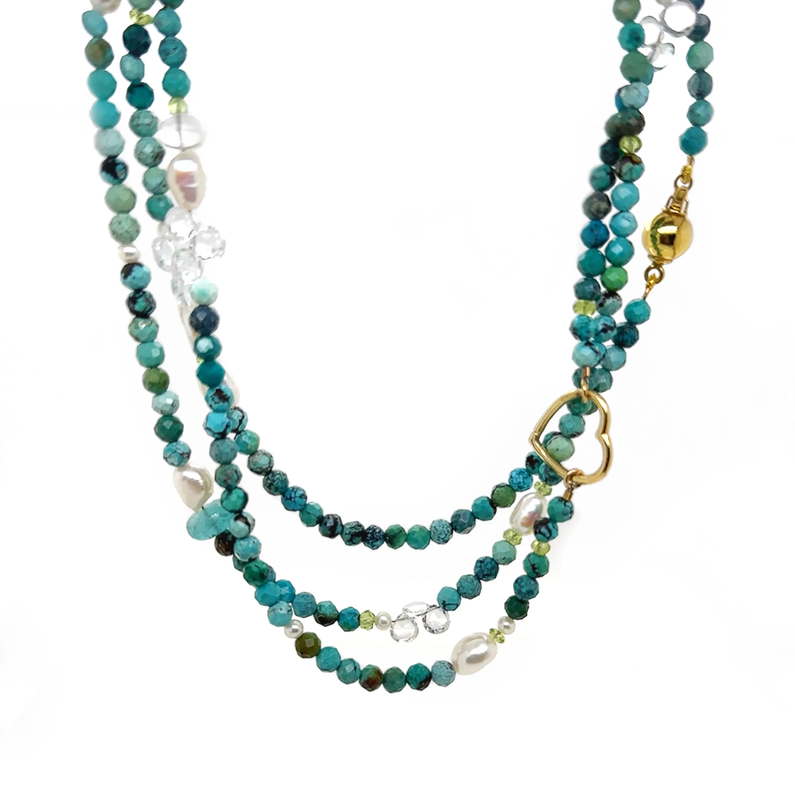 Turquoise, Freshwater Keshi &amp; Round Pearls, Tourmaline, Peridot, and White Topaz Necklace