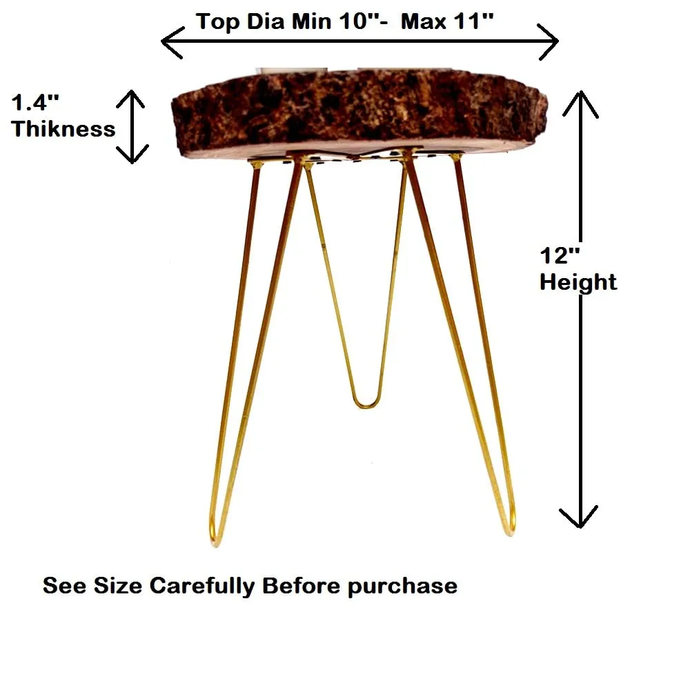 Unique home Beautiful Wooden Bark End Table Corner Plant Stand | Small Side Table | Foldable Stool for Living Room Bedroom Decor (30 x 30 x 33 cm) Golden Metal Hairpin Legs