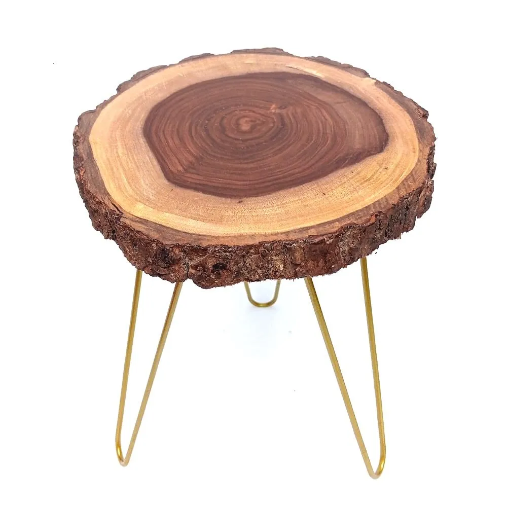 Unique home Beautiful Wooden Bark End Table Corner Plant Stand | Small Side Table | Foldable Stool for Living Room Bedroom Decor (30 x 30 x 33 cm) Golden Metal Hairpin Legs
