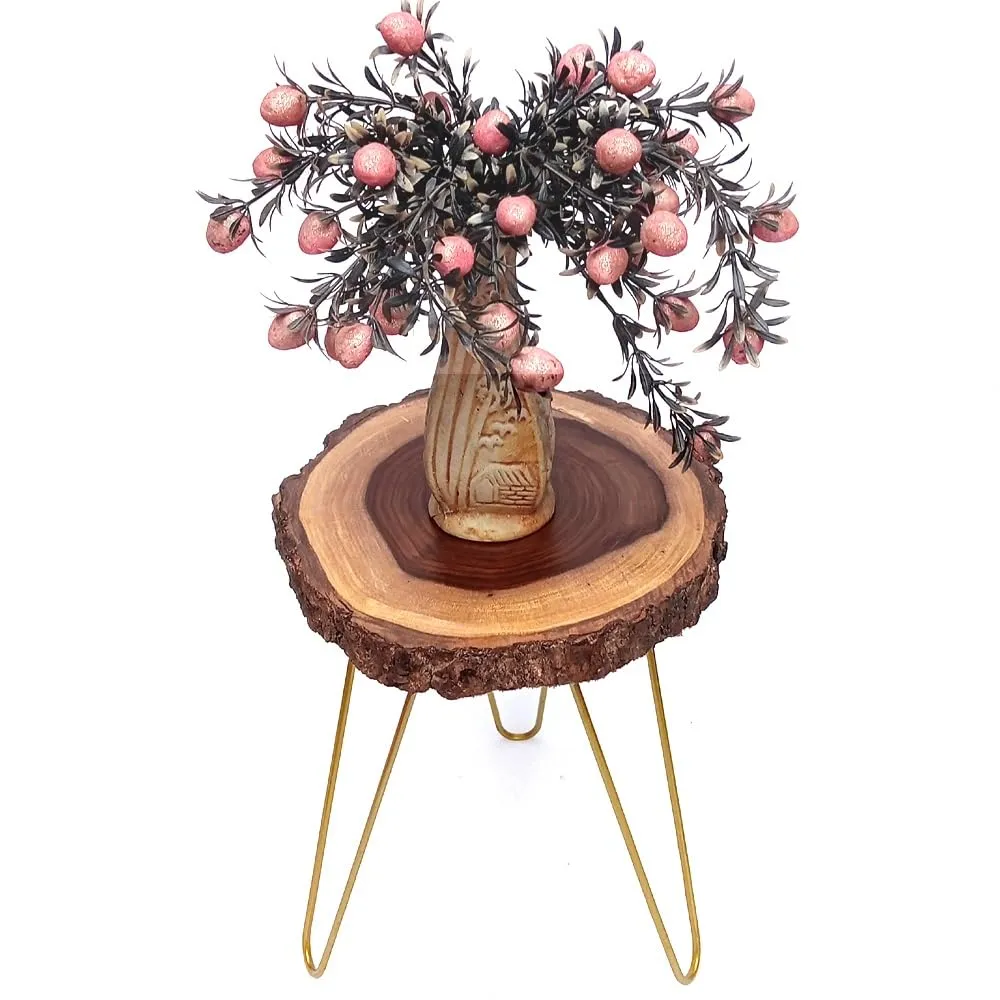 Unique home Beautiful Wooden Bark End Table Corner Plant Stand | Small Side Table | Foldable Stool for Living Room Bedroom Decor (30 x 30 x 33 cm) Golden Metal Hairpin Legs