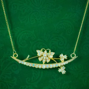 Victorian Style Opal Butterfly Crescent Lavaliere Necklace Silver Gold Gilt