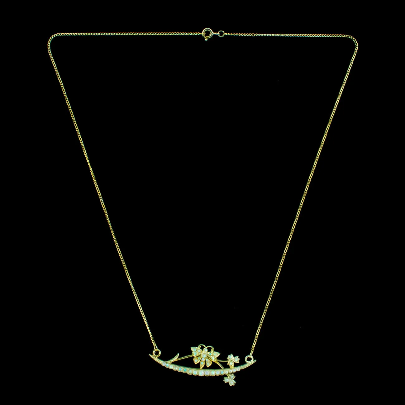 Victorian Style Opal Butterfly Crescent Lavaliere Necklace Silver Gold Gilt