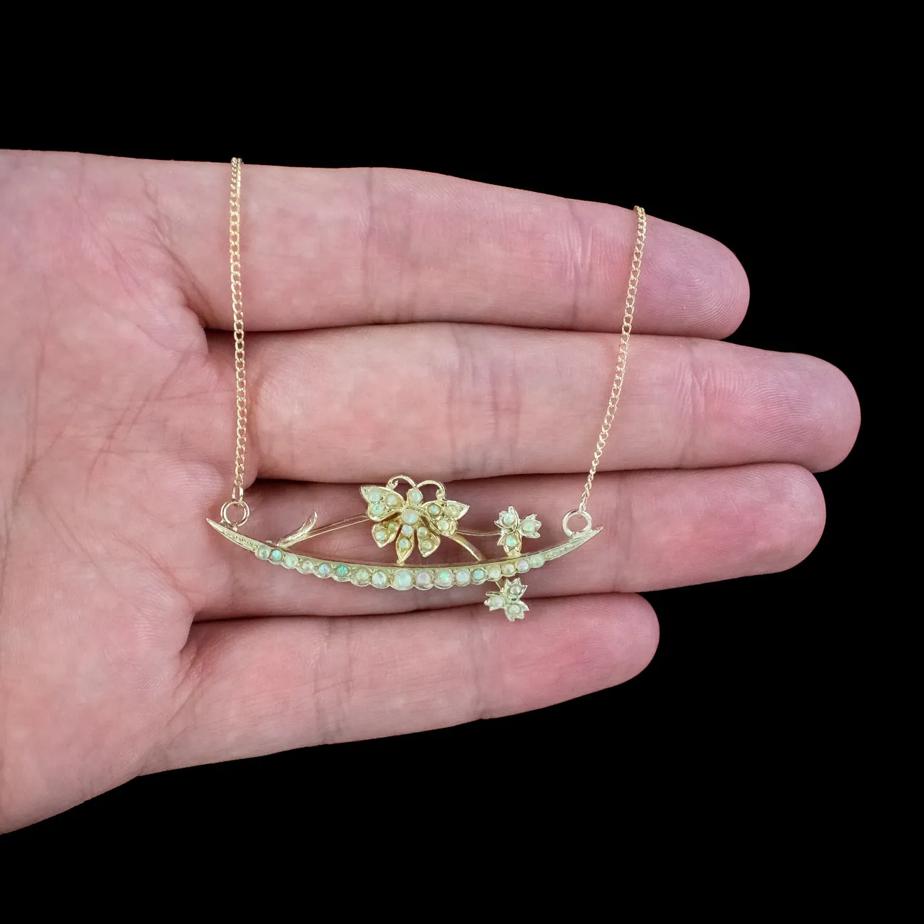 Victorian Style Opal Butterfly Crescent Lavaliere Necklace Silver Gold Gilt