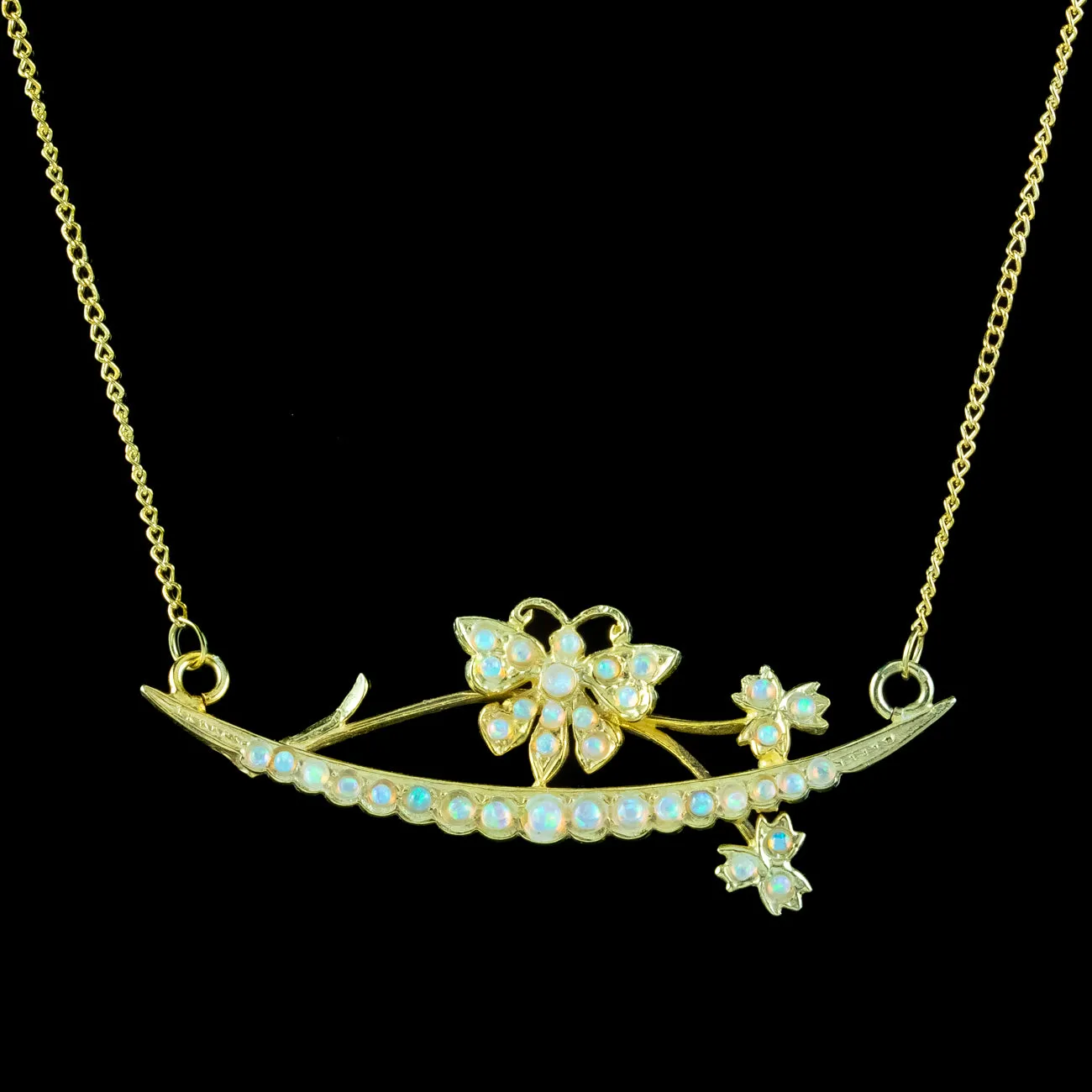 Victorian Style Opal Butterfly Crescent Lavaliere Necklace Silver Gold Gilt