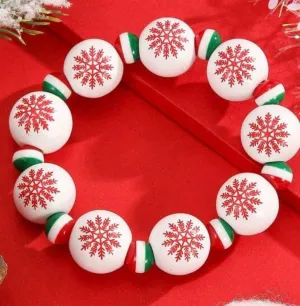 White Beaded Bracelet w/Red Snowflakes - #8574