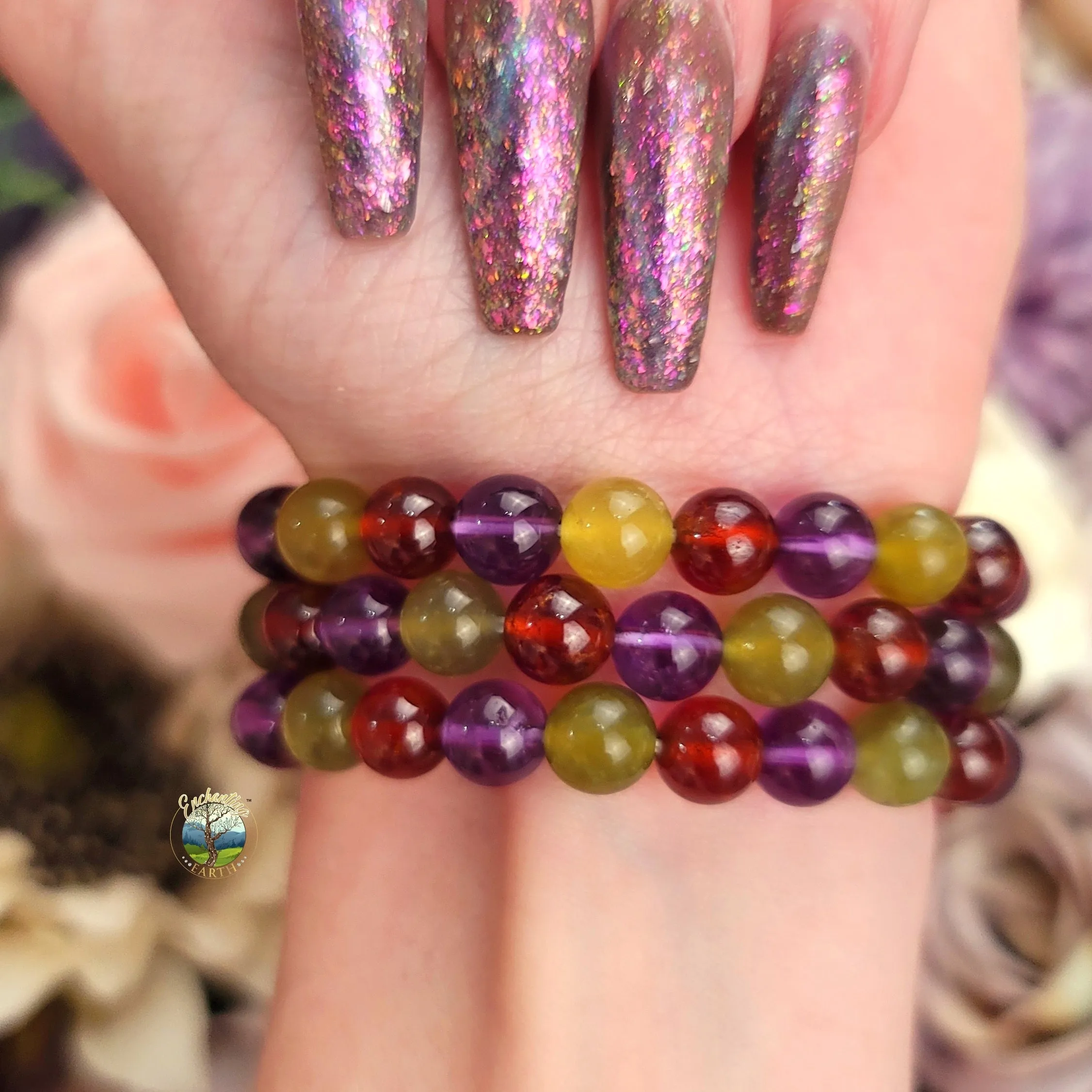 ~Witchy Sisters~ Amethyst, Garnet & Serpentine Bracelet for Health, Intuition and Power