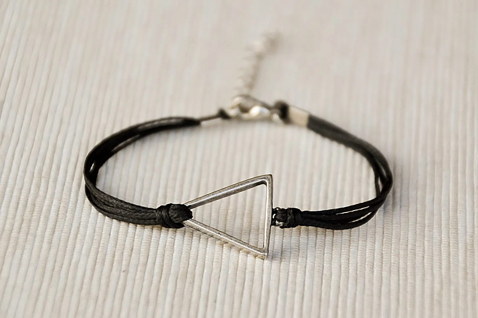 Womens bracelet with silver triangle, Geometric bracelet, black cord