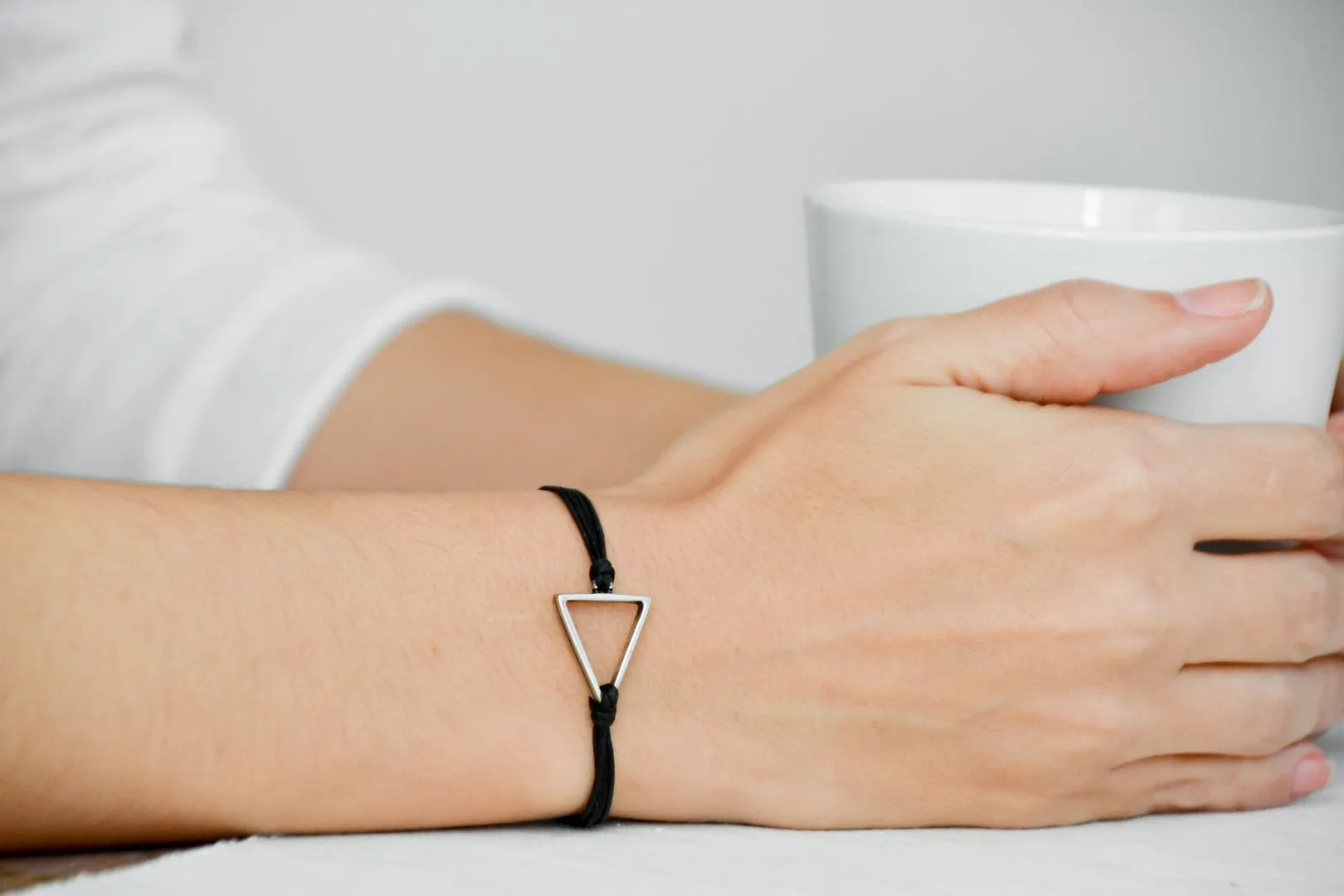 Womens bracelet with silver triangle, Geometric bracelet, black cord