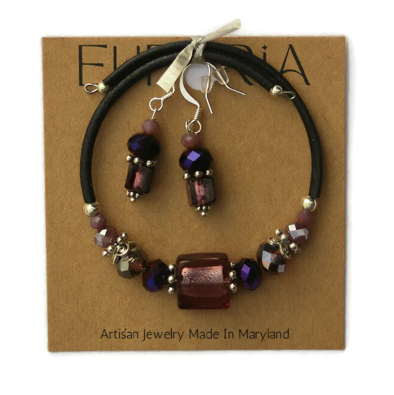 Wrap Bracelet & Earring Set - Amethyst Foil Glass