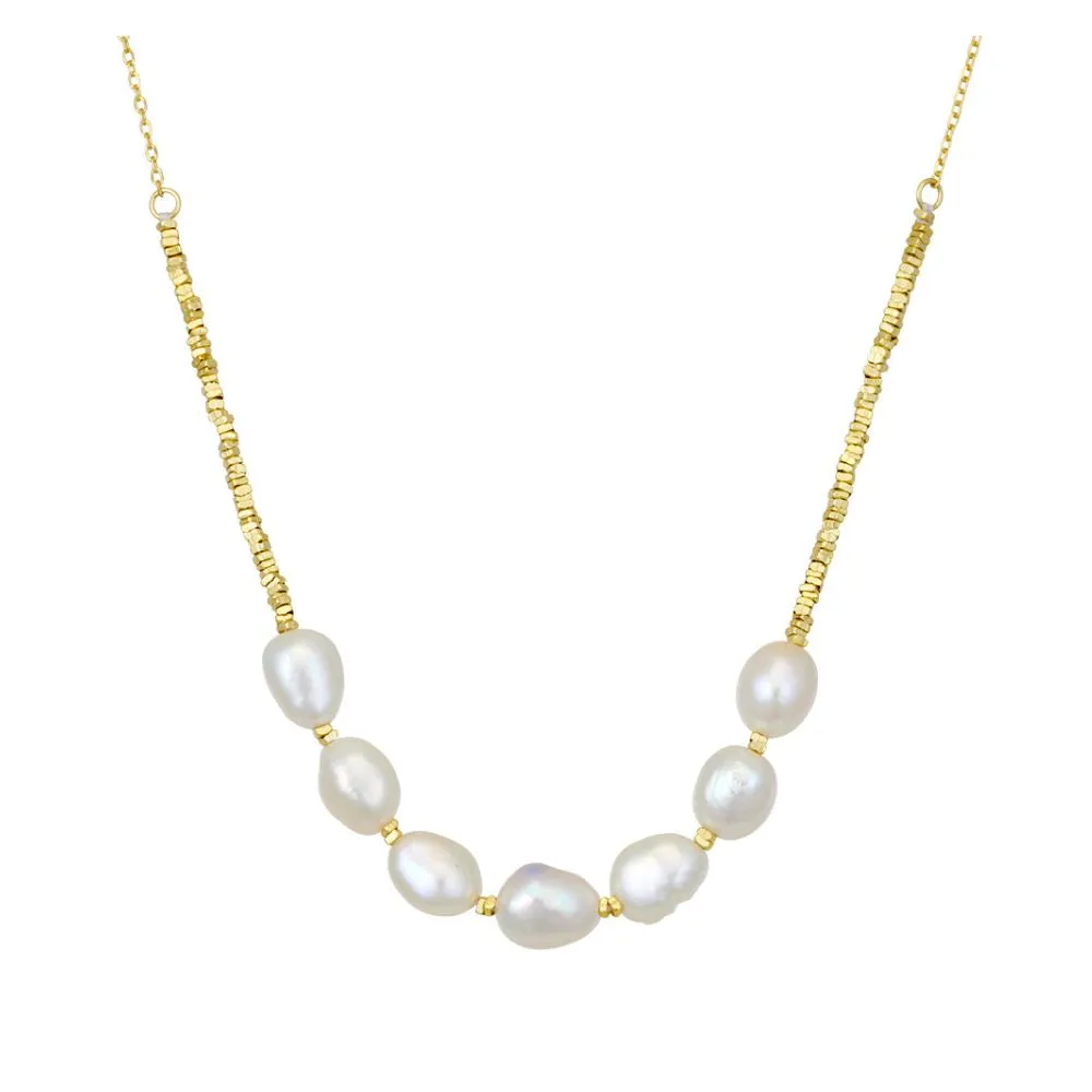 Yellow Gold Plated Freshwater Pearl And Bead Detail Necklace